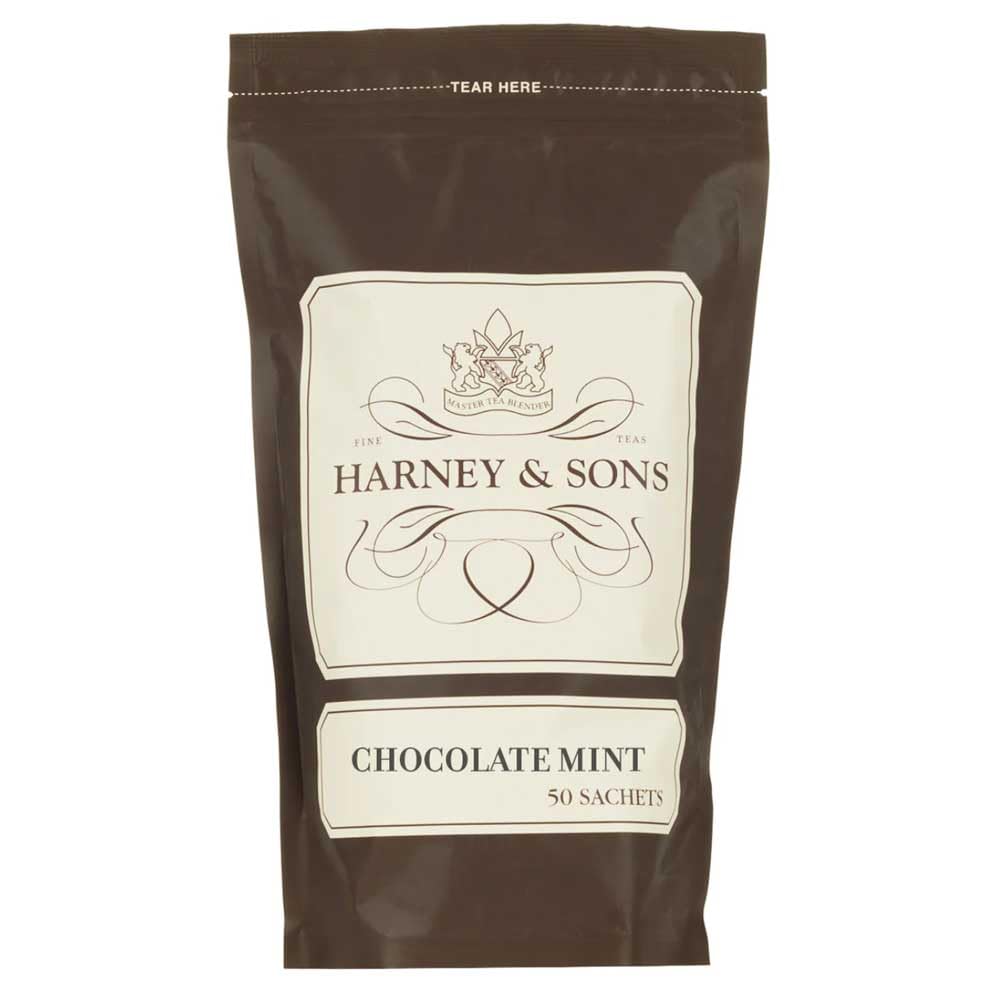 Harney & Sons Chocolate Mint tea sachets arranged for a convenient daily ritual.