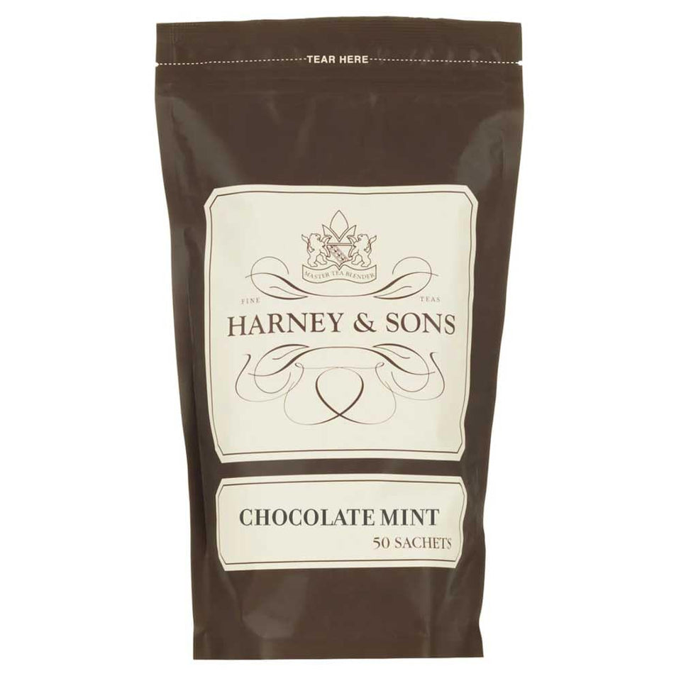 Harney & Sons Chocolate Mint tea sachets arranged for a convenient daily ritual.