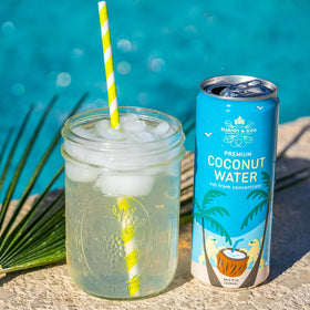 Chilled Harney and Sons coconut water can for on-the-go refreshment.