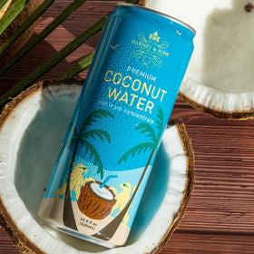 Harney and Sons coconut water pouring into a glass, natural electrolytes for hydration.