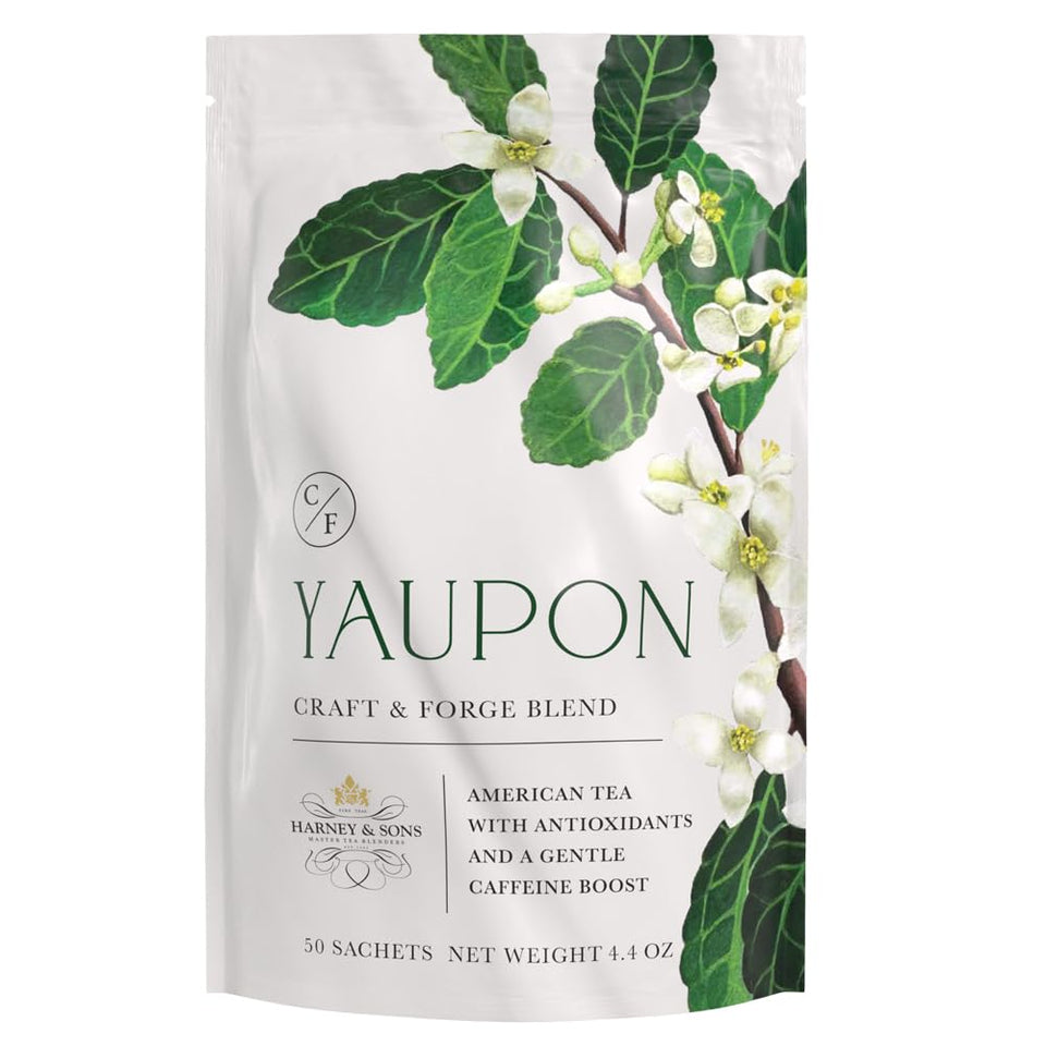 Harney and Sons Yaupon tea sachet close-up with premium packaging and a gentle caffeine lift