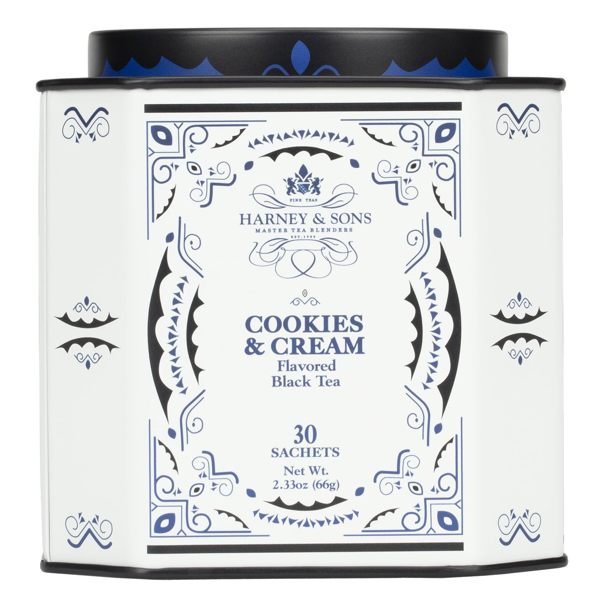 Harney & Sons Cookies & Cream tea tin with vanilla and chocolate notes.