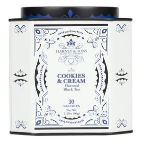 Harney & Sons Cookies & Cream tea tin with vanilla and chocolate notes.