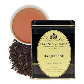 Harney & Sons Darjeeling loose-leaf tea in a premium tin for elegant infusions.