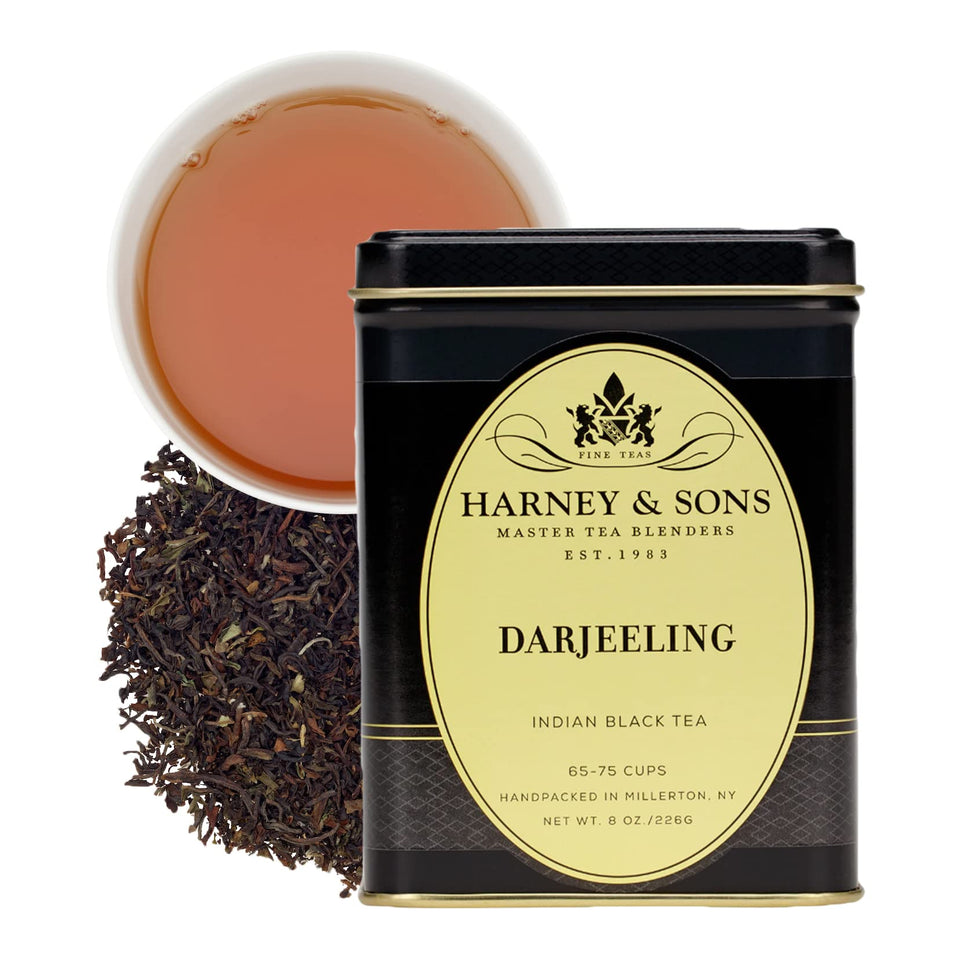 Harney & Sons Darjeeling loose-leaf tea in a premium tin for elegant infusions.