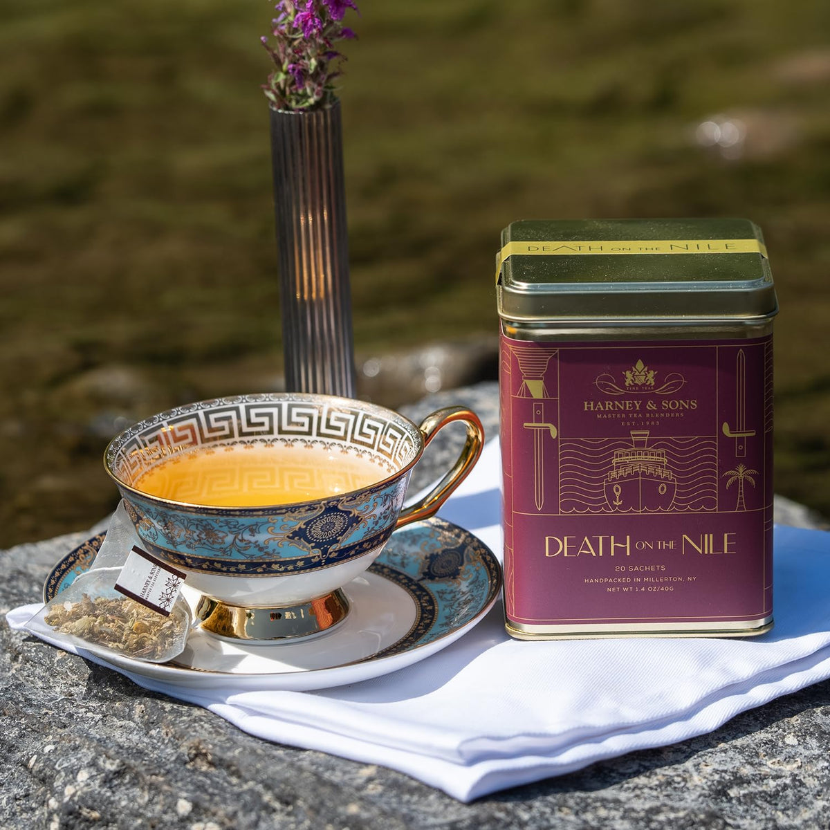 Death on the Nile tea cup highlighting chamomile aroma with ginger and peppermint
