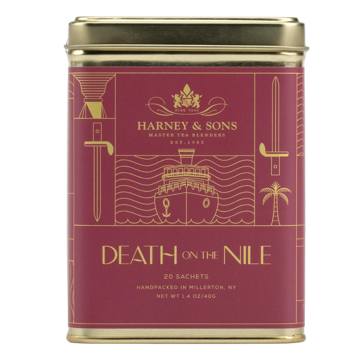 Harney & Sons Death on the Nile tea tin, premium caffeine-free blend for relaxing evenings