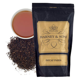 Harney and Sons Decaf Paris tea cup brew highlights vanilla, caramel, bergamot.