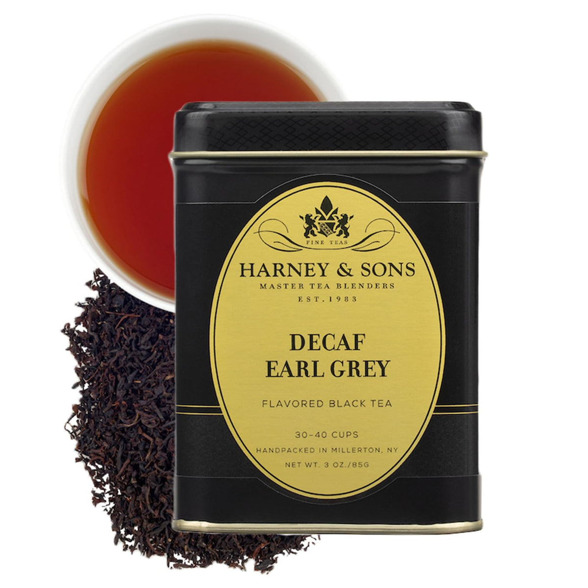 Harney & Sons decaffeinated Earl Grey tea tin with bergamot aroma for calm afternoon tea.