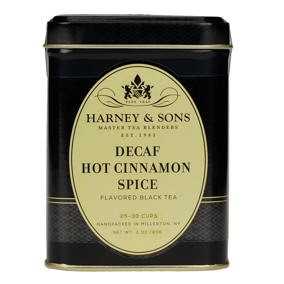 Harney & Sons decaffeinated Hot Cinnamon Spice tea tin offers caffeine-free warmth with bold spice.