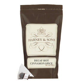 Harney & Sons decaffeinated hot cinnamon tea packaging, fragrant spice blend for anytime enjoyment.