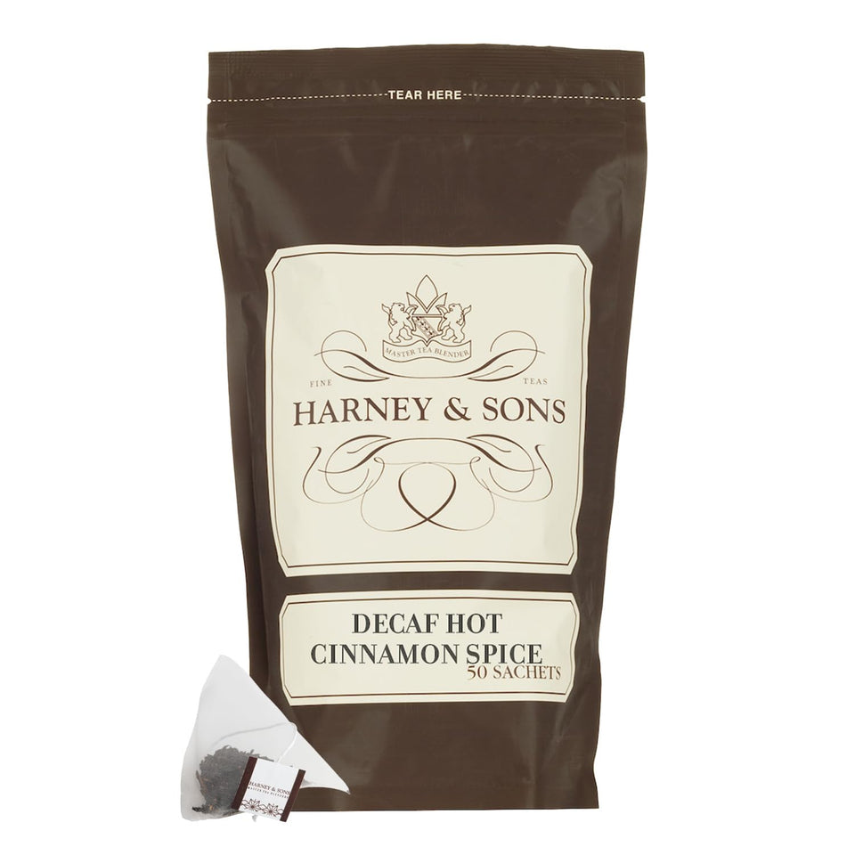 Harney & Sons decaffeinated hot cinnamon tea packaging, fragrant spice blend for anytime enjoyment.