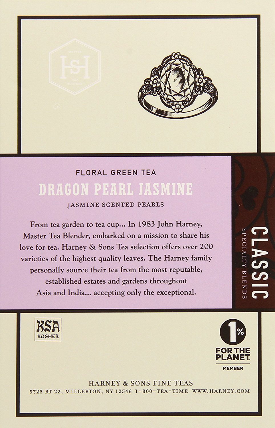 Harney & Sons Dragon Pearl cup with steeped tea showing jasmine aroma and flavor.