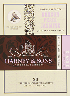 Harney & Sons Dragon Pearl sachets steeping in a cup for a balanced aroma.