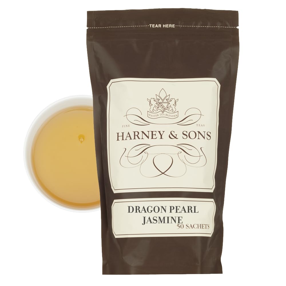 Harney & Sons Dragon Pearl Jasmine tea sachets packaging offers convenient brewing and elegant presentation.