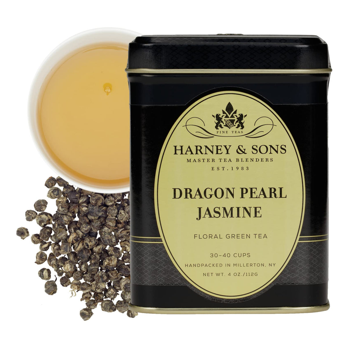 Harney & Sons Dragon Pearl Jasmine tea tin, fragrant infusion for a relaxing afternoon.