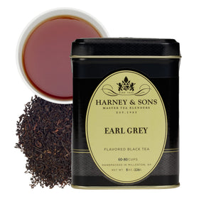 Harney & Sons Earl Grey loose-leaf tea close-up, highlighting quality leaves for a refined afternoon ritual.