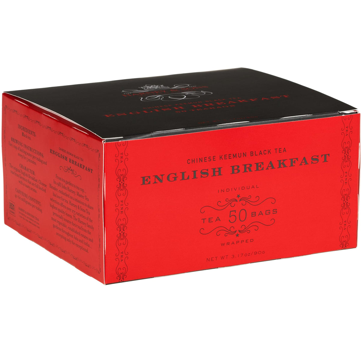 Harney & Sons English Breakfast tea bags in a box for a bold morning start.