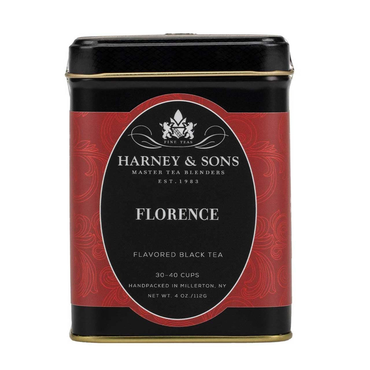 Harney & Sons Florence tea tin displaying the chocolate hazelnut blend for a cozy afternoon.