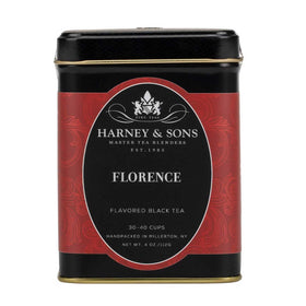 Harney & Sons Florence tea tin displaying the chocolate hazelnut blend for a cozy afternoon.