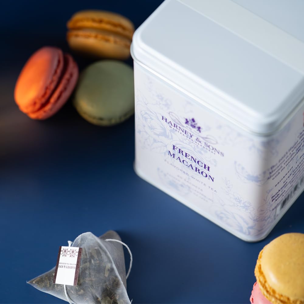 Harney & Sons French Macaron White Tea sachets, quick brew for an elegant tea break.