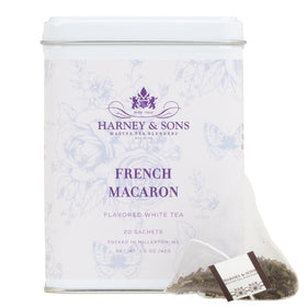 Harney & Sons French Macaron White Tea tin, ideal for refined afternoon tea moments.