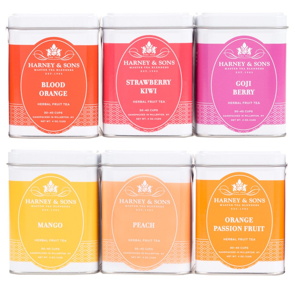 Harney & Sons Fruit Tea Sampler box front view with six herbal blends for hot or iced tea.
