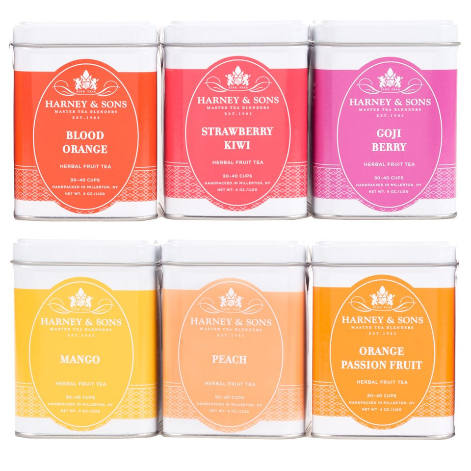Harney & Sons Fruit Tea Sampler box front view with six herbal blends for hot or iced tea.
