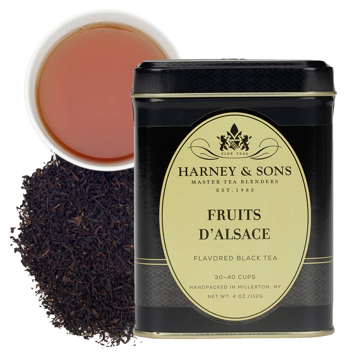 Harney & Sons Fruits d'Alsace tea tin label, premium dessert blend