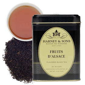 Harney & Sons Fruits d'Alsace tea tin label, premium dessert blend