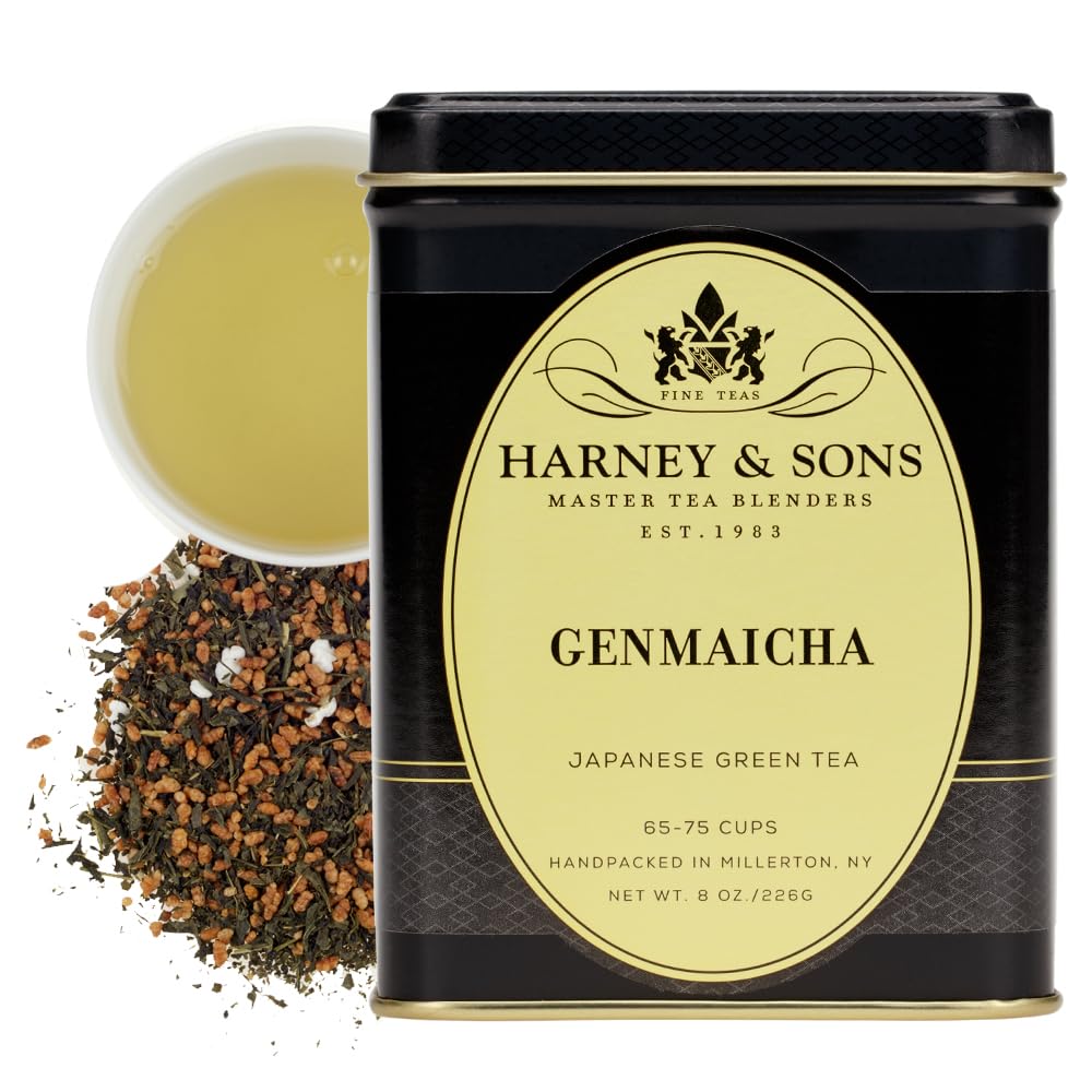 Harney and Sons Genmaicha tea leaves close-up with roasted rice and green tea notes.