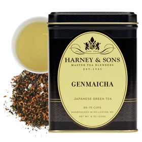 Harney and Sons Genmaicha tea leaves close-up with roasted rice and green tea notes.