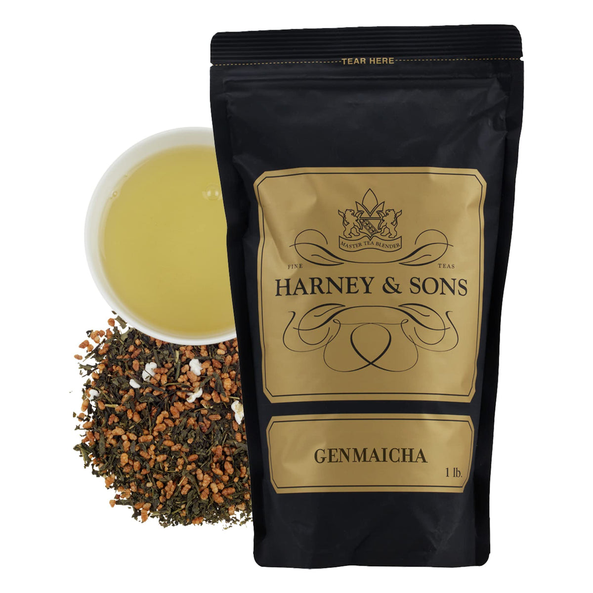 Harney & Sons Genmaicha loose-leaf tea with toasted rice for a nutty aroma.