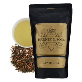 Harney & Sons Genmaicha loose-leaf tea with toasted rice for a nutty aroma.