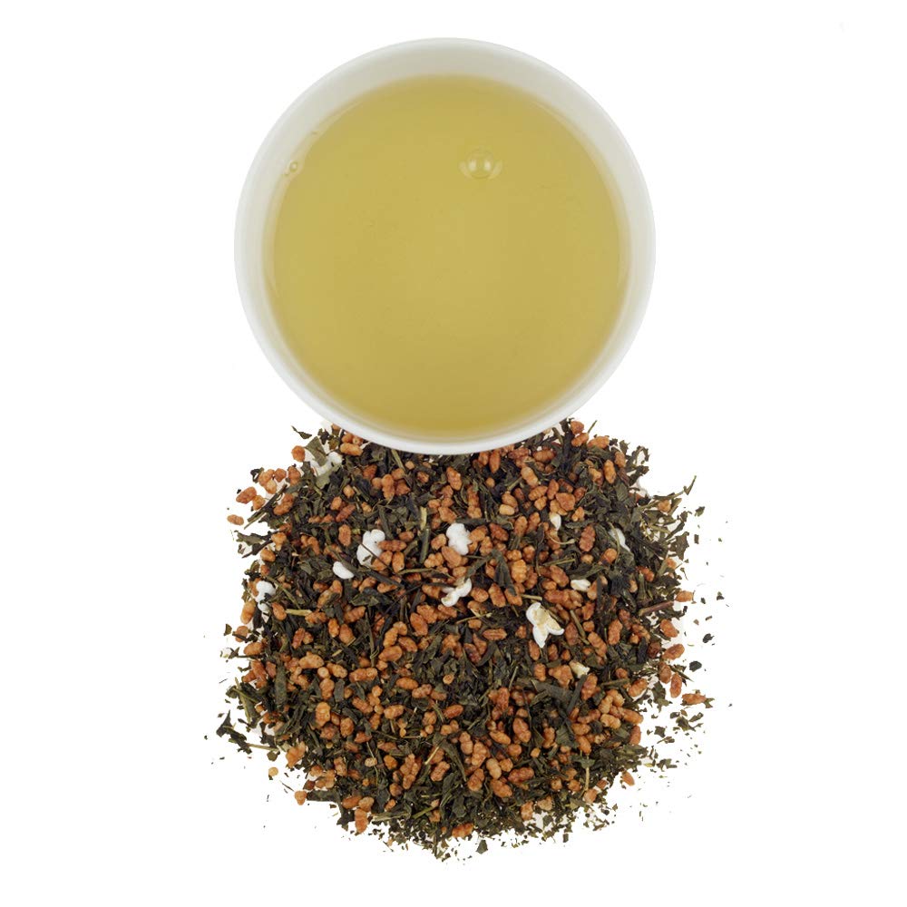 Harney and Sons Genmaicha tea packaging emphasizing quality sourcing and gift-ready presentation.