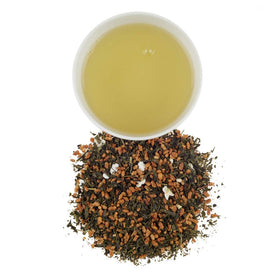 Harney and Sons Genmaicha tea packaging emphasizing quality sourcing and gift-ready presentation.