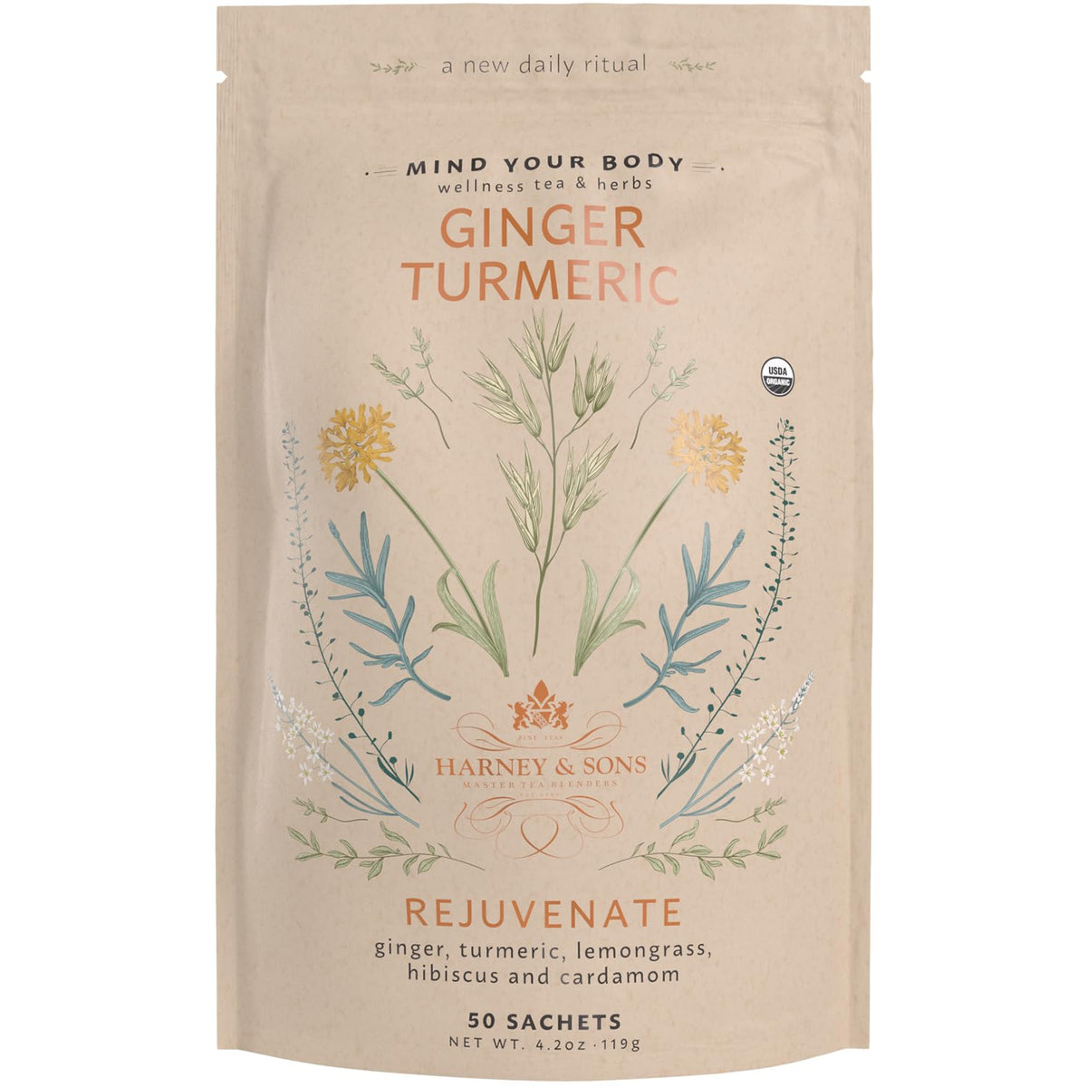 Harney & Sons Ginger Turmeric tea sachets in a resealable bag for a calming, caffeine-free cup