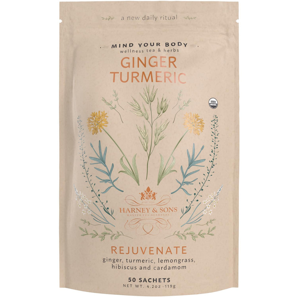 Harney & Sons Ginger Turmeric tea sachets in a resealable bag for a calming, caffeine-free cup