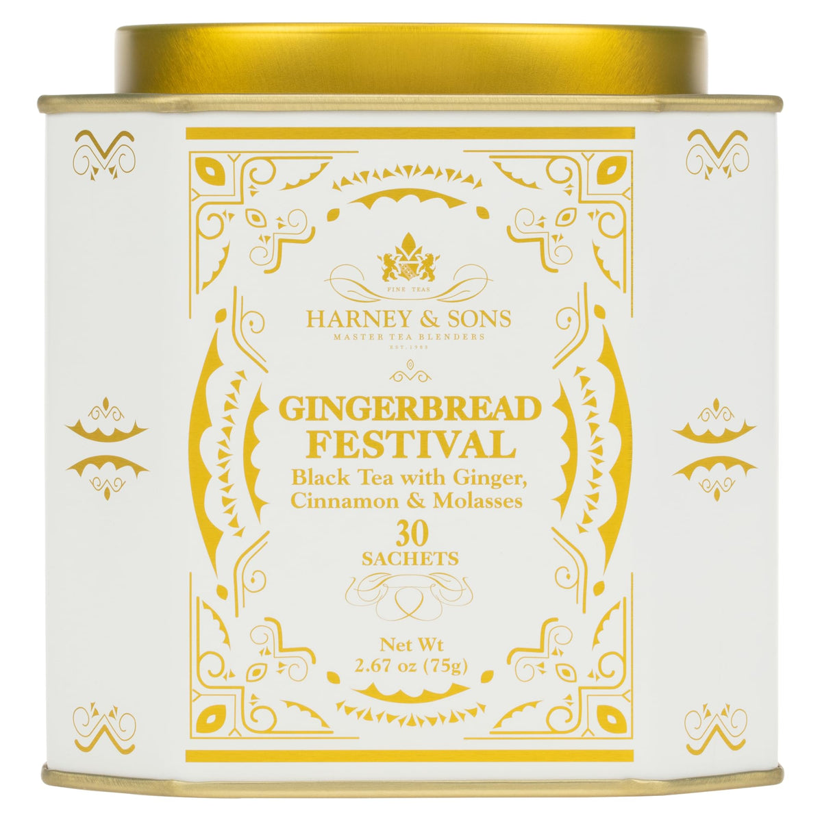 Harney & Sons Gingerbread Festival tea tin with 30 sachets for cozy holiday flavor.