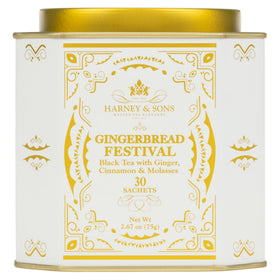 Harney & Sons Gingerbread Festival tea tin with 30 sachets for cozy holiday flavor.
