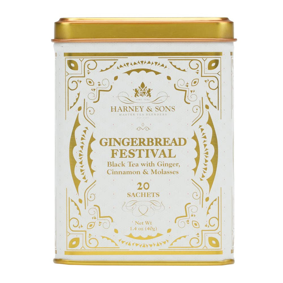Harney & Sons Gingerbread Festival tea tin; cozy holiday brew for moments