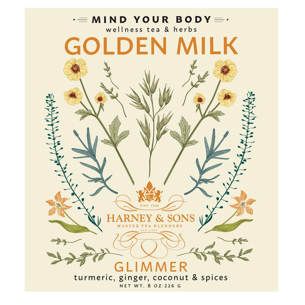 Harney & Sons Golden Milk powder with turmeric-ginger-coconut blend ready for a comforting beverage.