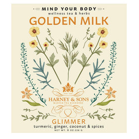 Harney & Sons Golden Milk powder with turmeric-ginger-coconut blend ready for a comforting beverage.