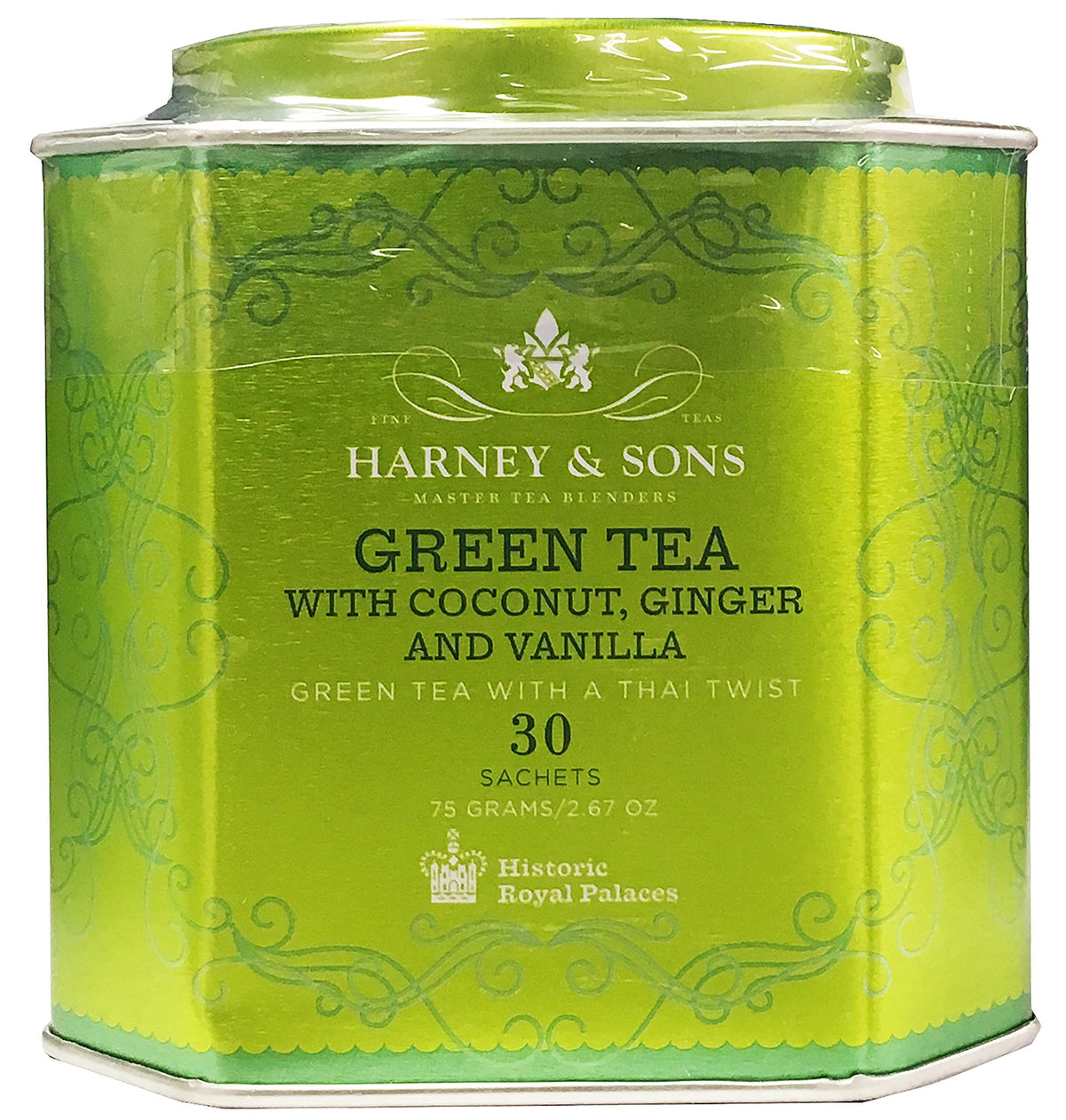 Harney & Sons green tea coconut-ginger-vanilla sachets ready for a calm, flavorful brew.