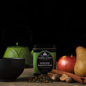 Harney & Sons Heirloom Bartlett Pear tea with pear fruit pieces for a fragrant, fruit-forward brew.