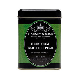 Harney & Sons Heirloom Bartlett Pear tea tin displaying Mutan white tea leaves and fruit pieces.