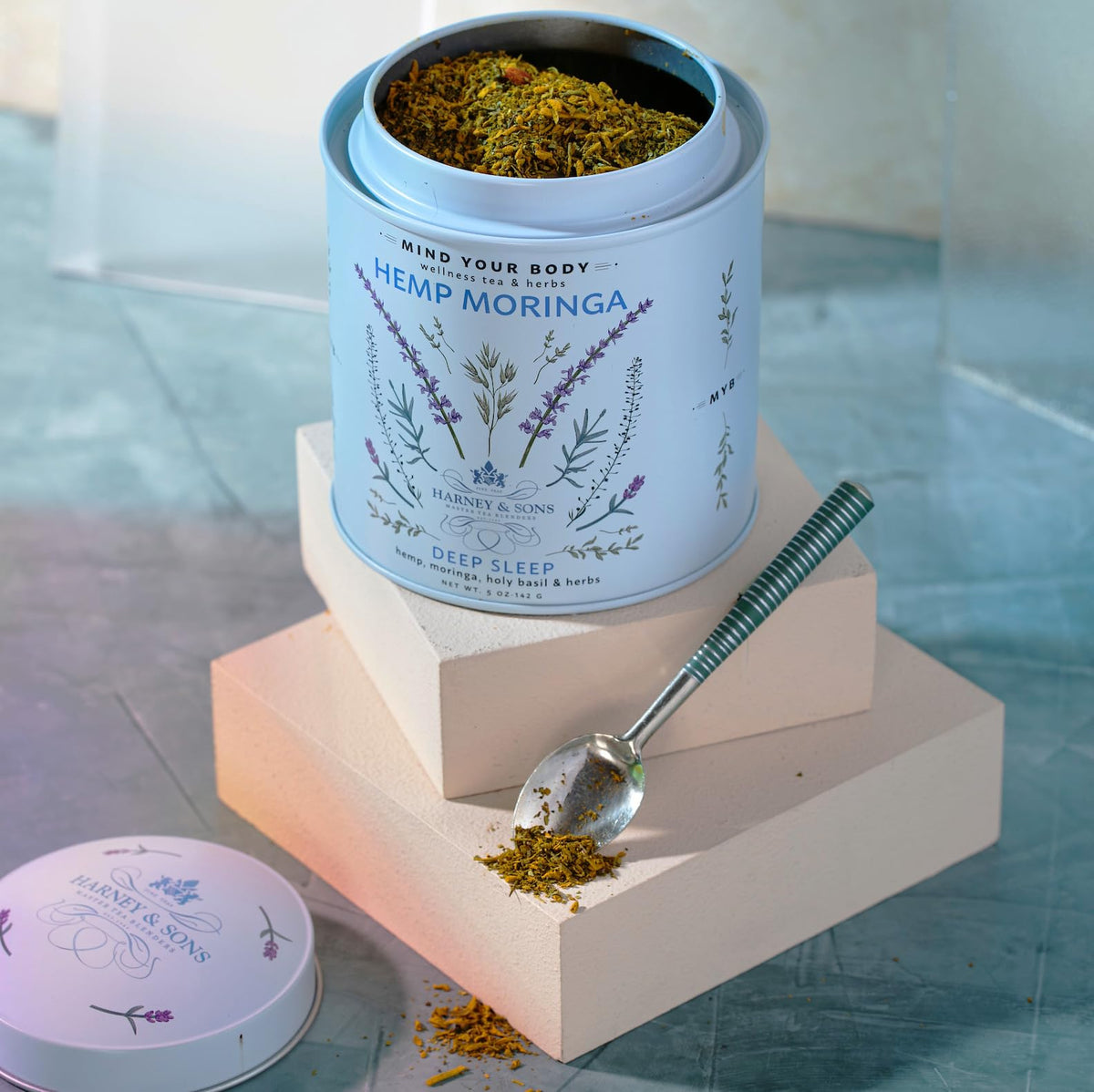 Harney & Sons Hemp Moringa Tea Blend brewing setup for mindful rituals.