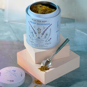 Harney & Sons Hemp Moringa Tea Blend brewing setup for mindful rituals.