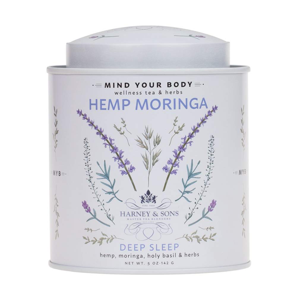 Harney & Sons Hemp Moringa Tea Blend tin close-up for calm evenings.