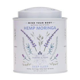 Harney & Sons Hemp Moringa Tea Blend tin close-up for calm evenings.